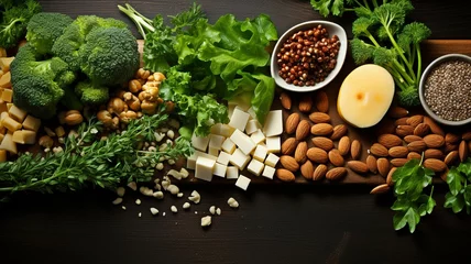 Fotobehang Vegetables, tofu, nuts, seeds, and legumes are shown in top view against a dark background as vegetarian protein. Idea: Clean, healthful food. Copy the area. © tongpatong