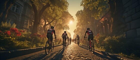View from behind of triathletes riding on a street . - obrazy, fototapety, plakaty