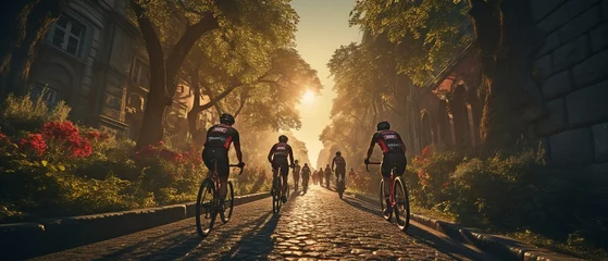 Fotobehang View from behind of triathletes riding on a street . © tongpatong