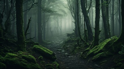 An otherworldly shot of a dense forest enveloped in mist, creating a mysterious and enchanting...