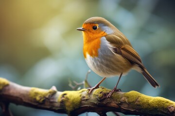 Fototapeta premium Robin Perched atop Branch, a Small Bird Enjoying a Restful Moment in the Natural Surroundings