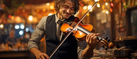Fototapeta premium A violinist in a jacket performs a musical piece in a pub or restaurant..