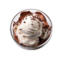 Top View of a Bowl of Chocolate Ice Cream Isolated on Transparent or White Background, PNG