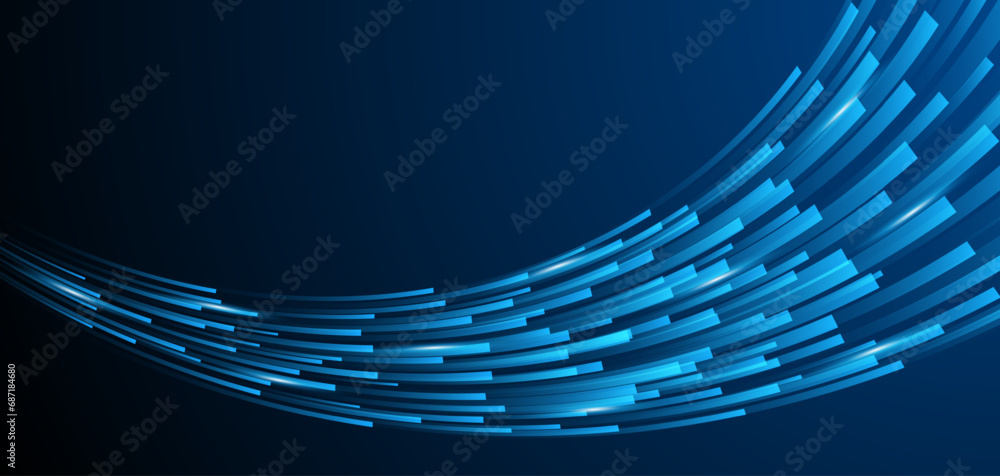 Poster Blue glowing lines with glitter light effect on dark background. High speed internet technology concept or fast wireless data transmission. modern internet network connection technology background	