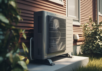 Air Conditioning Unit in the Exterior Garden of a Typical American Wooden Home