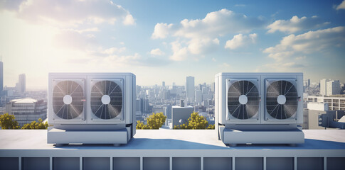 Panoramic View: Modern Rooftop Air Conditioning Units with Cityscape