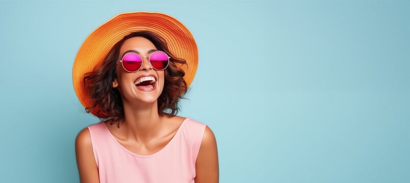 Une belle femme heureuse et souriante, arri&egrave;re-plan color&eacute; uni