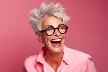 Une femme senior, heureuse et souriante, arrière-plan coloré uni - obrazy, fototapety, plakaty