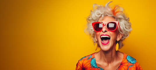 Une femme senior, heureuse et souriante, arrière-plan coloré uni, image avec espace pour texte. - obrazy, fototapety, plakaty