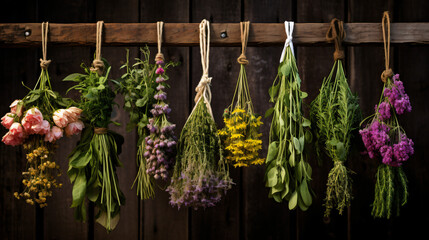 Hanging bunches of medicinal herbs and flowers