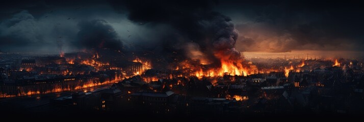 War and destroyed city with burning fire and smoke from earthquake, bomb explosion. Modern abandoned city devastated by explosion and chaos. Apocalypse concept. Doomsday, end of the world  - obrazy, fototapety, plakaty