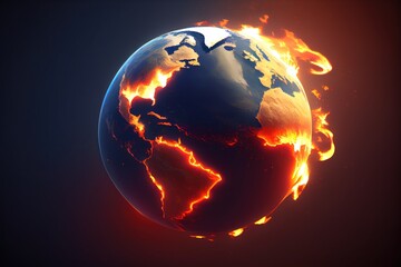 Planet Earth, part on fire and melting, concept of ecology problems, climate change, global warming, and rising temperatures, environmental awareness