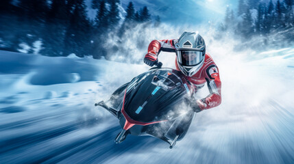 Fototapeta premium Prototype Concept of a Futuristic High-Speed Vehicle Driving over a Snow-Covered Landscape in the snow-covered Mountains in the Alps Brainstorming Background Cover Poster Digital Art Backdrop