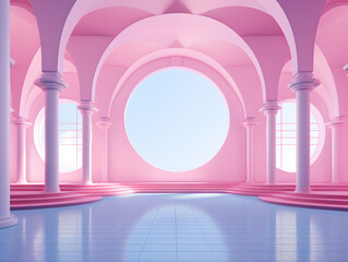 Fototapeta na wymiar 3d render of an empty huge luxury pink hall with arches and columns. minimal architecture style