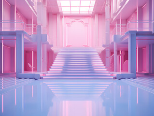 3d render of an empty huge luxury pink hall with arches and columns. minimal architecture style