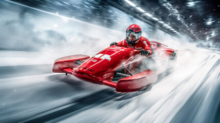 Prototype Concept of a Futuristic High-Speed Vehicle Driving over a Snow-Covered Landscape in the snow-covered Mountains in the Alps Brainstorming Background Cover Poster Digital Art Backdrop