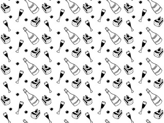 festive seamless black and white doodle pattern with a bottle of champagne, wine glasses and a cake