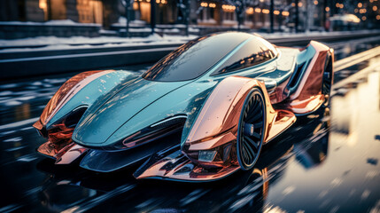 Fototapeta premium Prototype Concept of a Futuristic High-Speed Vehicle Driving over a Snow-Covered Landscape in the snow-covered Mountains in the Alps Brainstorming Background Cover Poster Digital Art Backdrop 