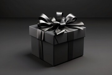 Obraz premium Blank open black present box or top view of black gift box with black ribbons and bow isolated on dark background with shadow minimal - black friday theme.