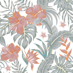 Tropical vintage hibiscus flower, palm leaves Hawaiian floral seamless pattern white background. Exotic jungle wallpaper.