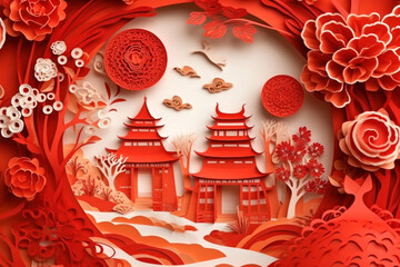 Obraz premium China new year composition in beautiful paper cut style design. Abstract red festive background with Asian-style houses, flowers and trees. Generative by AI.