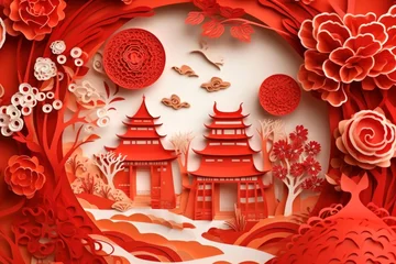 Fototapeten China new year composition in beautiful paper cut style design. Abstract red festive background with Asian-style houses, flowers and trees. Generative by AI. © DP