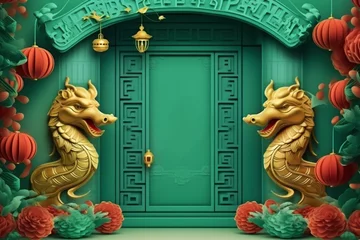 Poster A banner for the Chinese New Year with two golden dragons on a green background. Generavite by ai. © DP