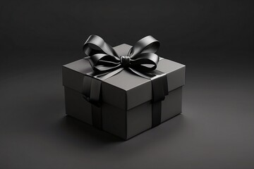 Obraz premium Blank open black present box or top view of black gift box with black ribbons and bow isolated on dark background with shadow minimal - black friday theme.