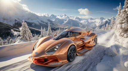 Naklejka premium Prototype Concept of a Futuristic High-Speed Vehicle Driving over a Snow-Covered Landscape in the snow-covered Mountains in the Alps Brainstorming Background Cover Poster Digital Art Backdrop 
