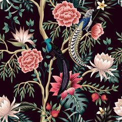 Chinese birds, rose tree, lotus flower, tropical palms leaves, plants seamless pattern. Chinoiserie vintage wallpaper.