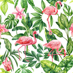 Flamingo bird pattern. Tropical plant in summer print. Watercolor tropical palm leaves, flowers, jungle seamless pattern