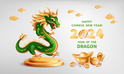 Green wood Dragon is a symbol of the 2024 Chinese New Year. Realistic 3d figure of Dragon on a podium with gold ingots Yuan Bao, coins on a grey background. Vector illustration of Zodiac Sign Dragon - 687187265