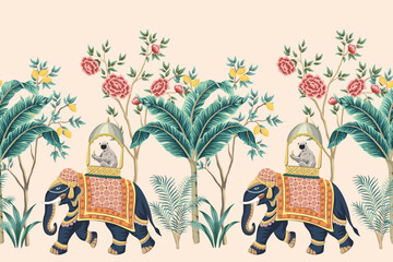 Vintage botanical palm tree, Indian elephant, lemur animal, lemon tree, rose flower, plant floral seamless border. Exotic chinoiserie mural.	
