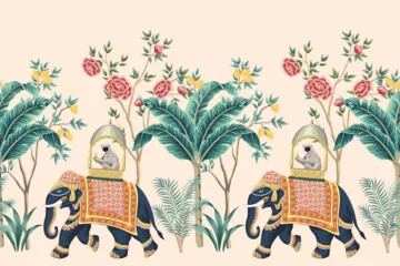 Fotobehang Vintage botanical palm tree, Indian elephant, lemur animal, lemon tree, rose flower, plant floral seamless border. Exotic chinoiserie mural.  © good_mood