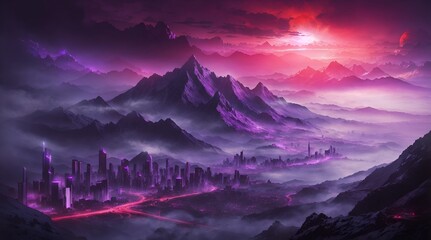 fantasy mountain wallpaper 4k. fantasy mountain city wallpaper. Fantasy landscape of mountain with futuristic city and red moon. 