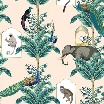 Indian elephant, monkey, peacock, lemur animal, palm tree, tropical leaf seamless pattern. Jungle wallpaper.