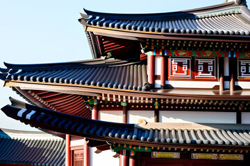 Fototapeta na wymiar The roofs, adorned with their distinctively curved eaves, seem to dance against the sky, reflecting the artistic sensibilities deeply rooted in Korean temple architecture. Generative AI.