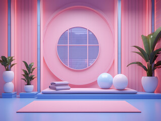 Interior of minimal modern yoga room with pink walls, concrete floor, carpet and mirror. 3d render