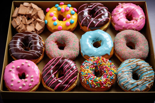 A platter containing a variety of flavored doughnuts.