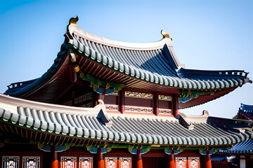 Obraz premium The roofs, adorned with their distinctively curved eaves, seem to dance against the sky, reflecting the artistic sensibilities deeply rooted in Korean temple architecture. Generative AI.