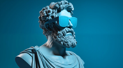 Bust Statue with sunglasses on blue background. 