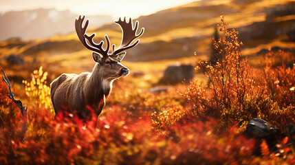 Naklejka premium Majestic reindeer in autumn forest. Nature scene.