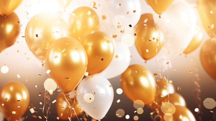 Gold foil party balloons on gold confetti background - obrazy, fototapety, plakaty