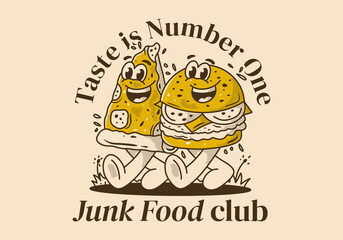 Junk Food club, taste is number one. Character illustration of walking burger and pizza