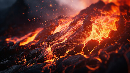 Close-up of flowing lava, top view. Dark texture background. - obrazy, fototapety, plakaty