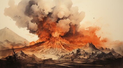 Vesuvius Eruption Over Pompeii Vintage Painting

