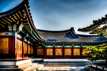 Obraz premium The roofs, adorned with their distinctively curved eaves, seem to dance against the sky, reflecting the artistic sensibilities deeply rooted in Korean temple architecture. Generative AI.