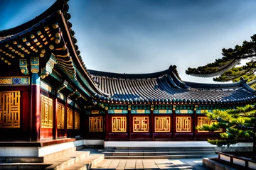 Fotobehang The roofs, adorned with their distinctively curved eaves, seem to dance against the sky, reflecting the artistic sensibilities deeply rooted in Korean temple architecture. Generative AI. © 대래 조