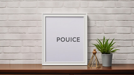 Empty wooden picture frame mockup hanging on pastel wall in a cafe or kitchen with wooden counter top.