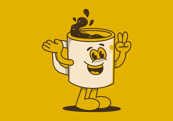 Vintage mascot character of coffee mug with happy face
